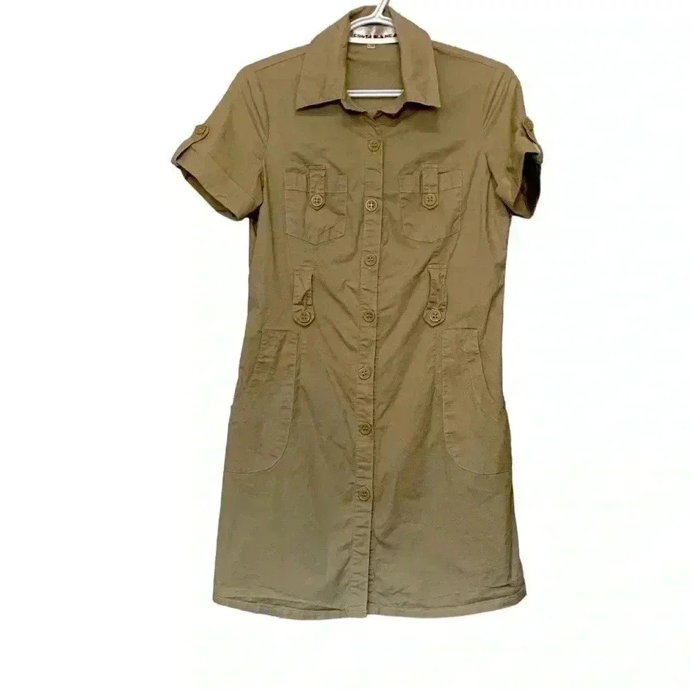 Costa Blanca tan, crisp, cotton/spandex midi dress with lots of pockets